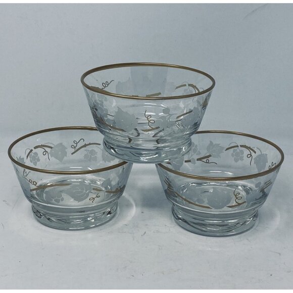 Vtg Libbey Ivy Bower Glass Fruit Dessert Bowl Set of 3 Gold Rim Etched Leaf - Picture 1 of 7